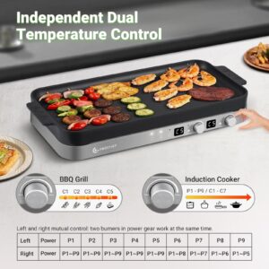 AMZCHEF Double Induction Cooktop with Removable Iron Cast Griddle Pan Non-stick, 1800W 2 burner Portable Induction Stove With Sensor Touch 9 Power Levels, 99 Min Timer, Iron Grey