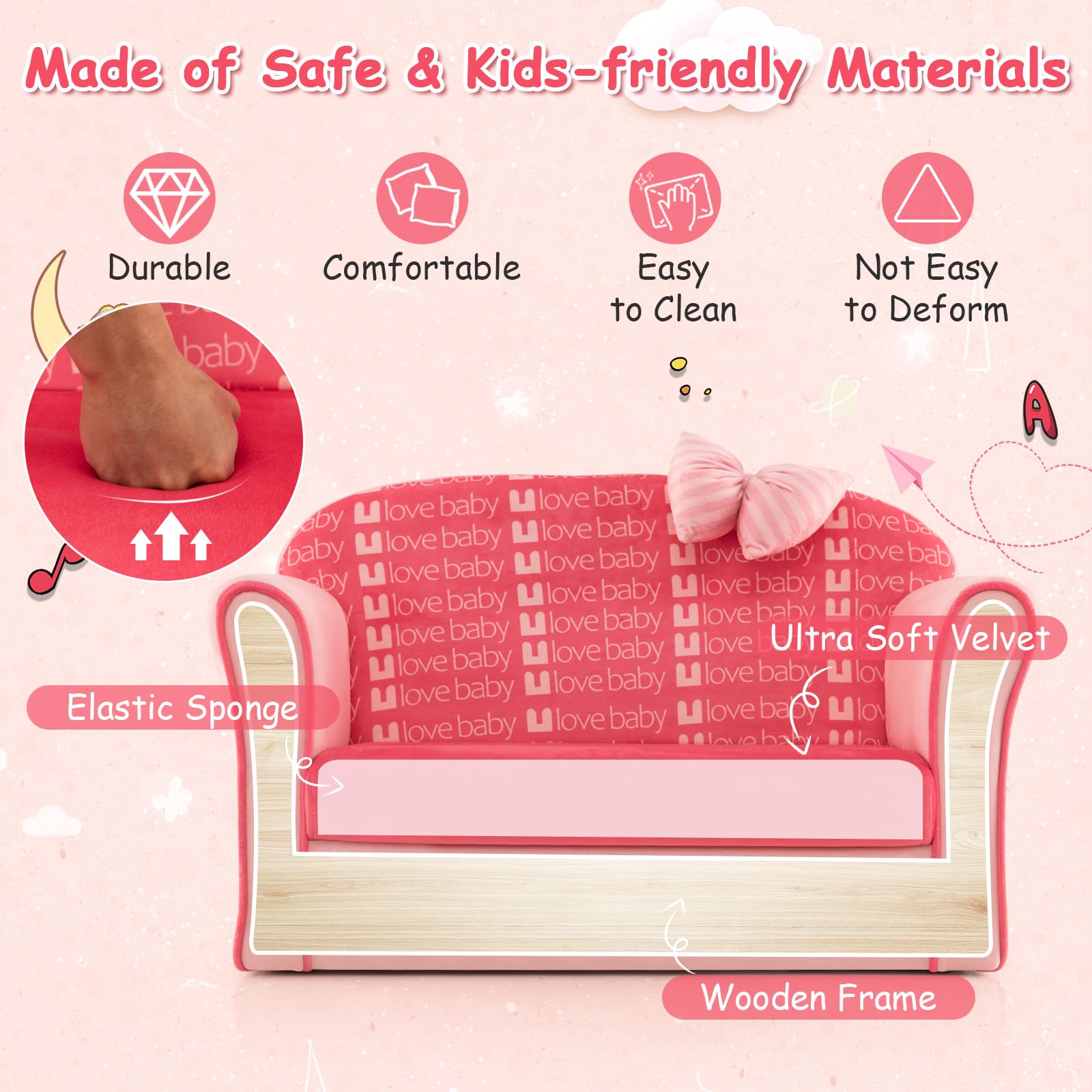 Costzon Kids Pink Couch, Toddler Mini Sofa for Kids Loveseat Aged 1-3, Upholstered Armchair with Velvet Surface & High-Density Sponge, Children's Sofa for Preschool Bedroom Playroom Gift Presents