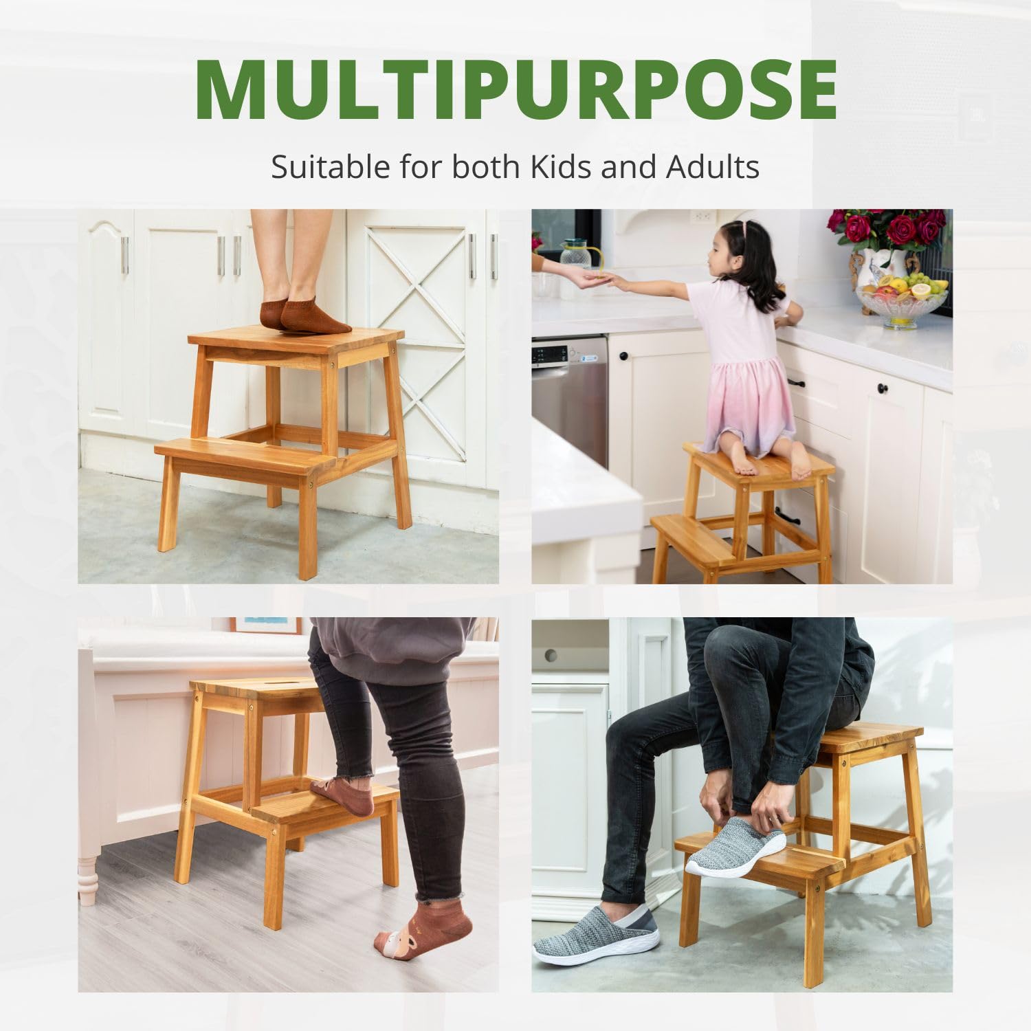 BEEFURNI 2 Step Wood Stool, Wooden Step Stools for Adults & Kids 350 lbs, Kids Step Stool, Bathroom,Bedroom Stool, Closet Step Stool, Easy to Assemble, 1 Year Manufacturer Warranty