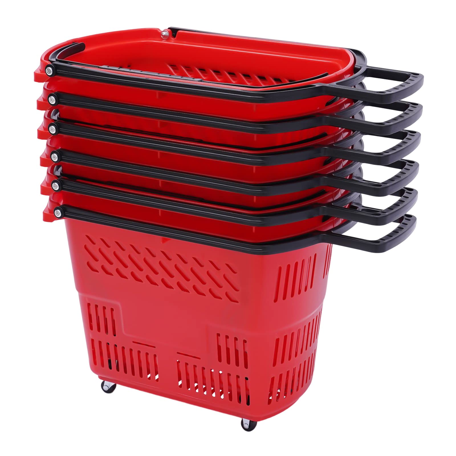 6PCS Shopping Carts with Wheels and Handle, Plastic Shopping Basket Red 35L, Portable Rolling Shopping Basket Set in Supermarkets and Retail Stores Laundries