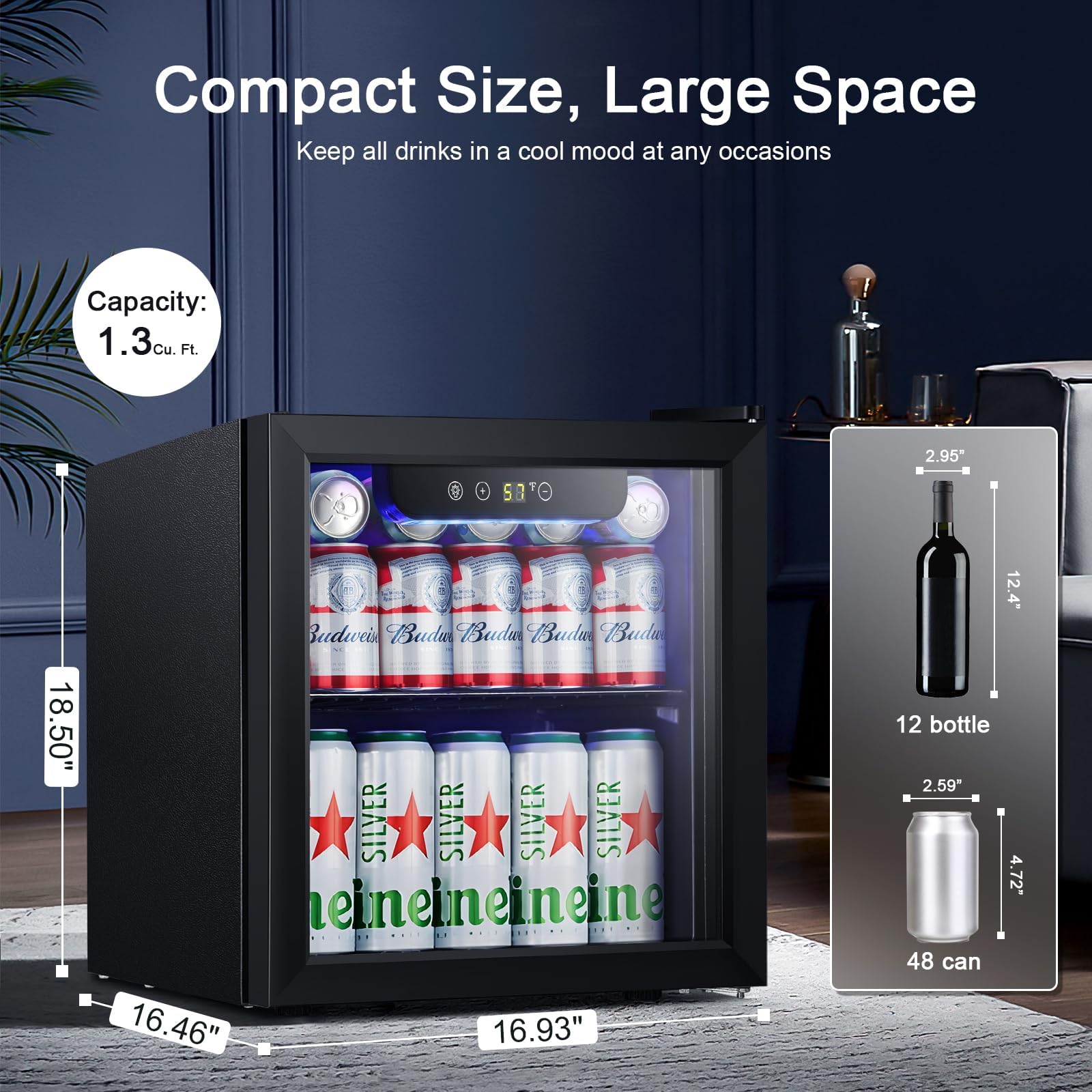 Antarctic Star Mini Fridge Cooler - 12 Bottle 48 Can Beverage Refrigerator Glass Door for Drinks or Beer Wine –Small Drink Dispenser for Home, Office or Bar, Electronic Knob Control，1.3cu.ft.