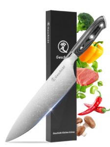 geschickt chef knife, kitchen knife 8'' with improved thicker handle for comfort & balance, razor sharp forged full tang knife, high carbon stainless steel, ergonomic design, grey