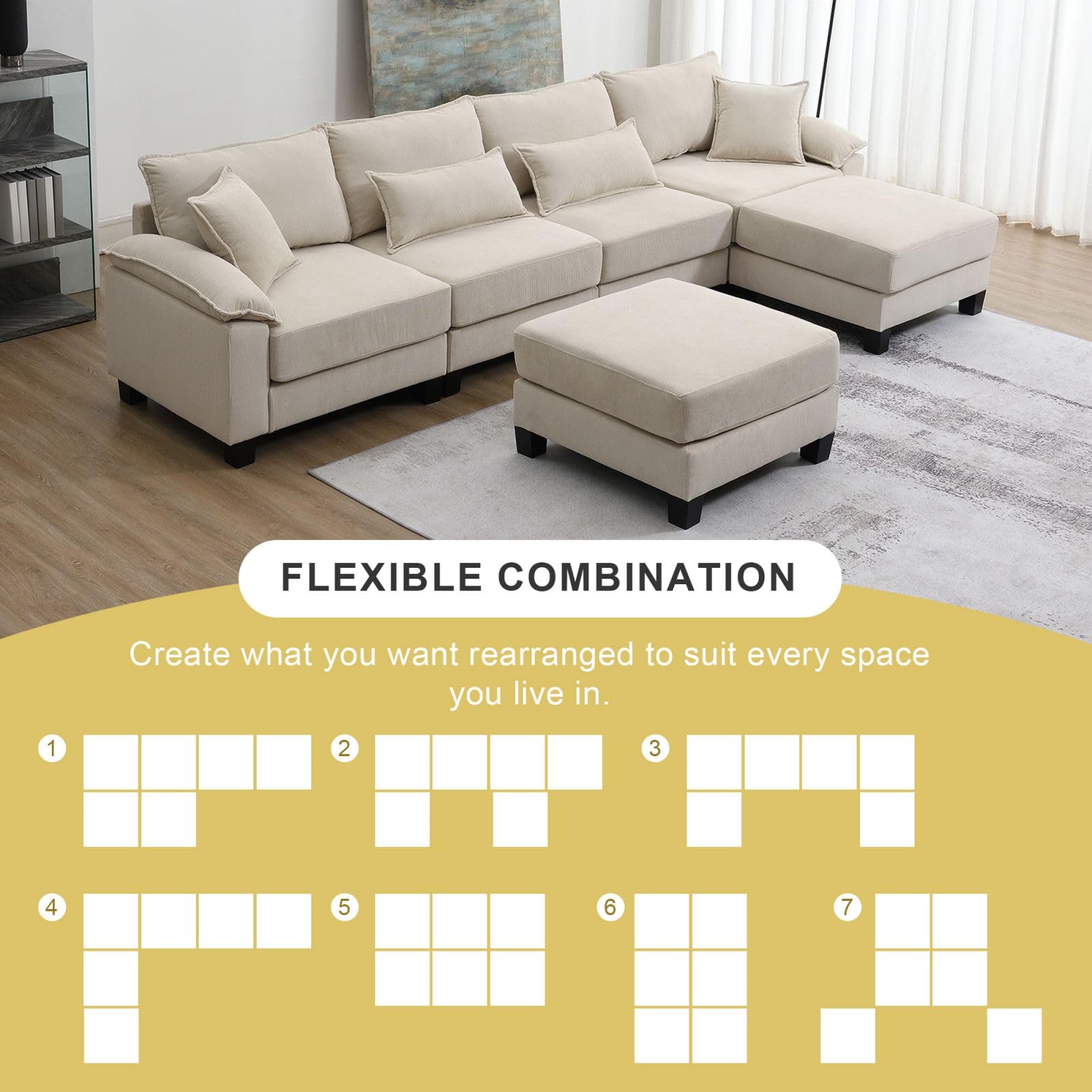 KEVINSPACE 133" Modular Sectional Sofa for Living Room Convertible U/L Shaped Sofa Couch Reversible Sofa Couch Modular Sectionals with Ottomans, 6 Seat Oversized Sofa Couch Sleeper Sofa Bed Beige