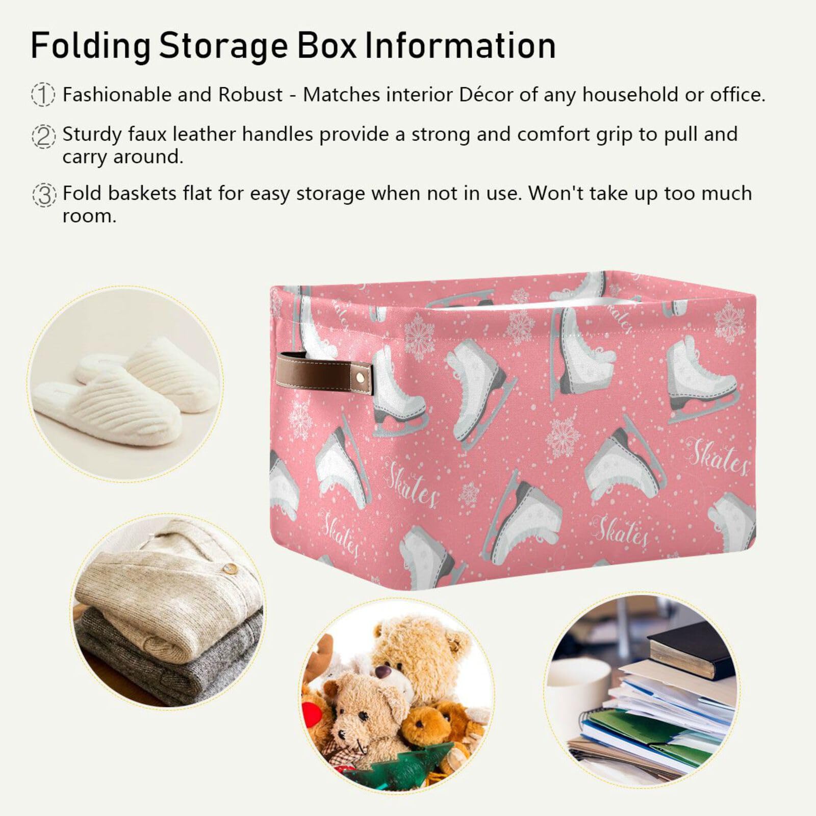 Wusikd Curly Skates Storage Basket Set of 2 Large Fabric Ice Snowflakes Storage Basket Bins Box Cube with Handles Collapsible Closet Shelf Clothes Organizer Basket for Nursery Bedroom