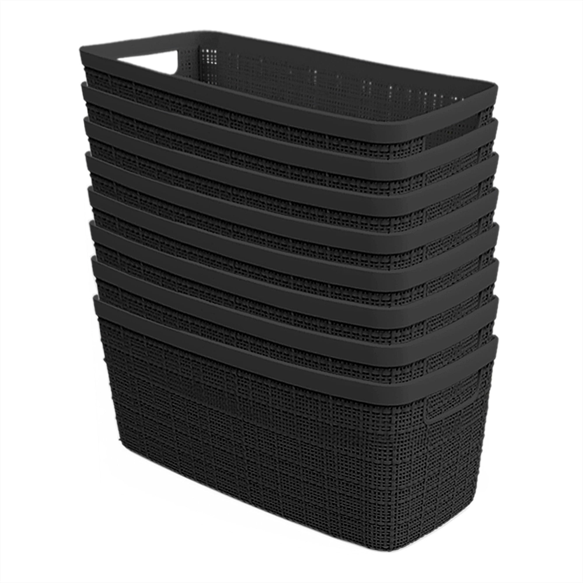 Curver Jute Decorative Plastic Slim Organization and Storage Laundry Room Basket Perfect Bins for Home Office, Closet Shelves, Kitchen Pantry, Bedroom Decor and Bathroom Accessories, Set of 8, Black