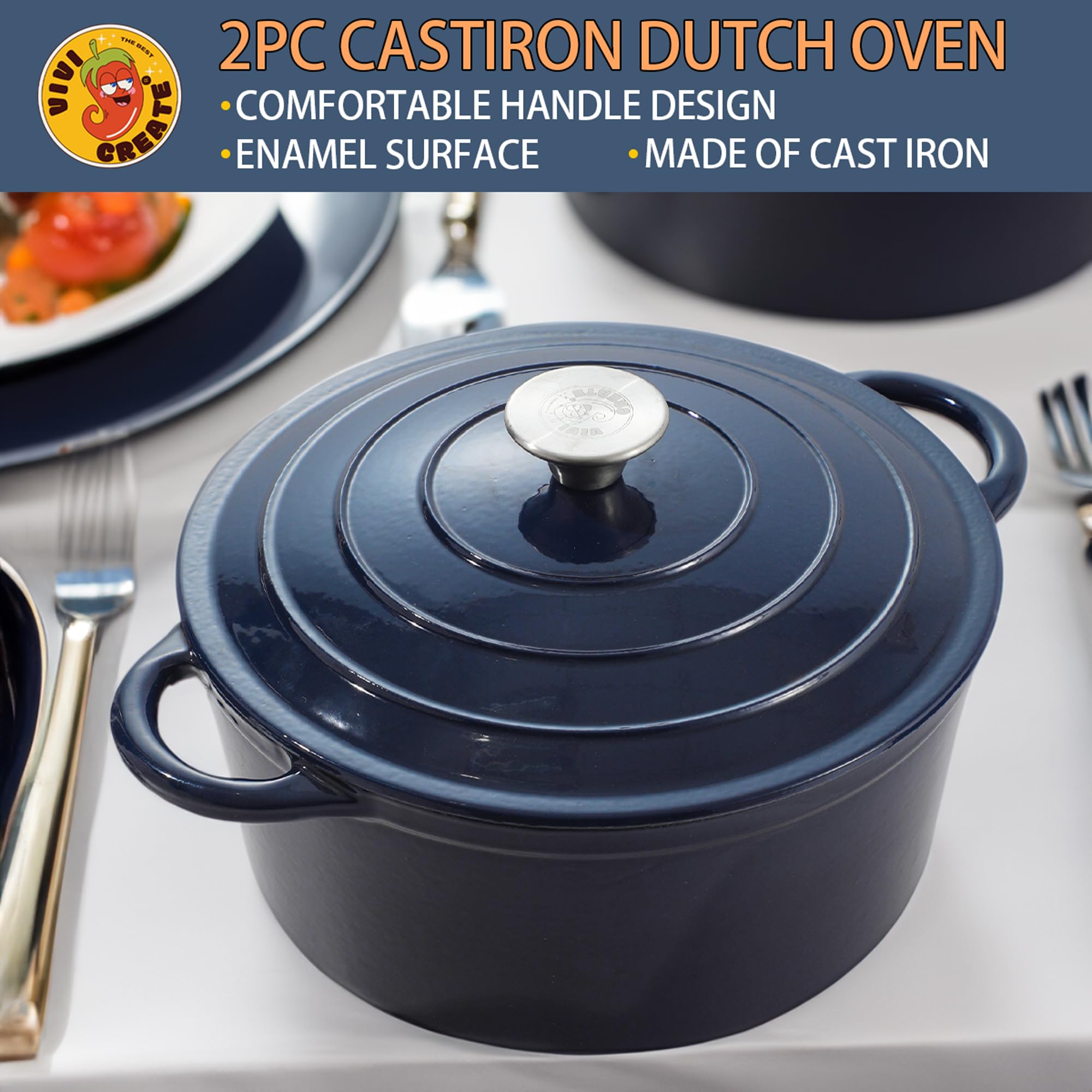 Vivicreate 2 PCS 5.3 QT enamel cast iron dutch oven, red gradient color,cast iron pot (5.3 QT)