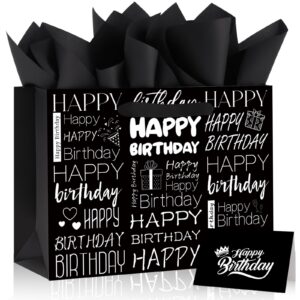 mooriiy white and black birthday gift bag for men women large happy birthday wrapping gift bag with tissue paper and greeting card for birthday party supplies 11.8" x 9.4" x 5.3" (style b -black)