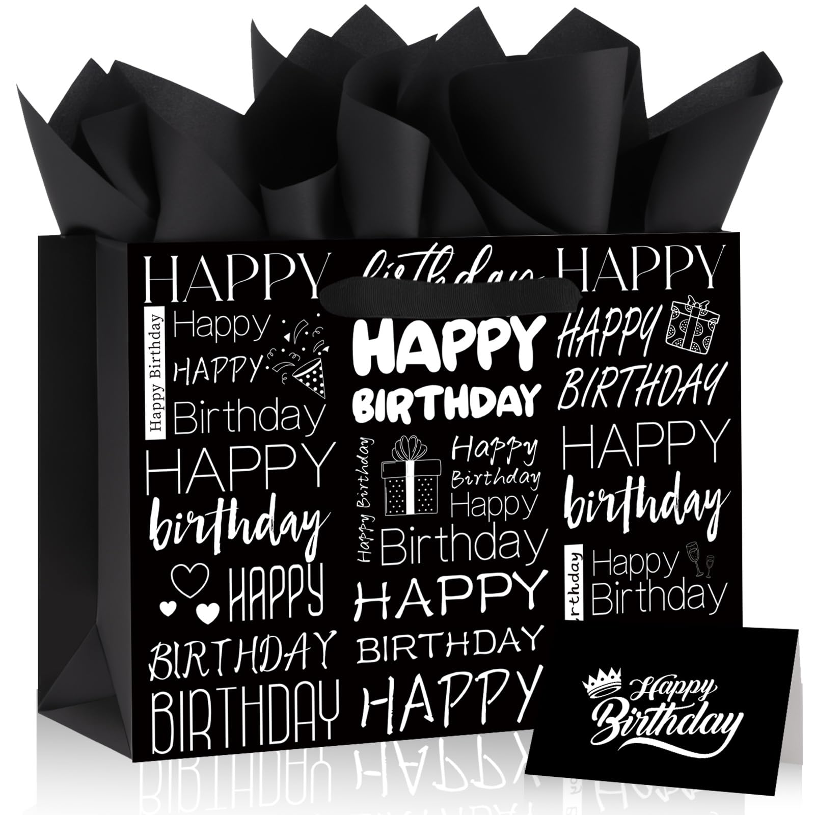 MOORIIY White and Black Birthday Gift Bag for Men Women Large Happy Birthday Wrapping Gift Bag with Tissue Paper and Greeting Card for Birthday Party Supplies 11.8" x 9.4" x 5.3" (Style B -Black)