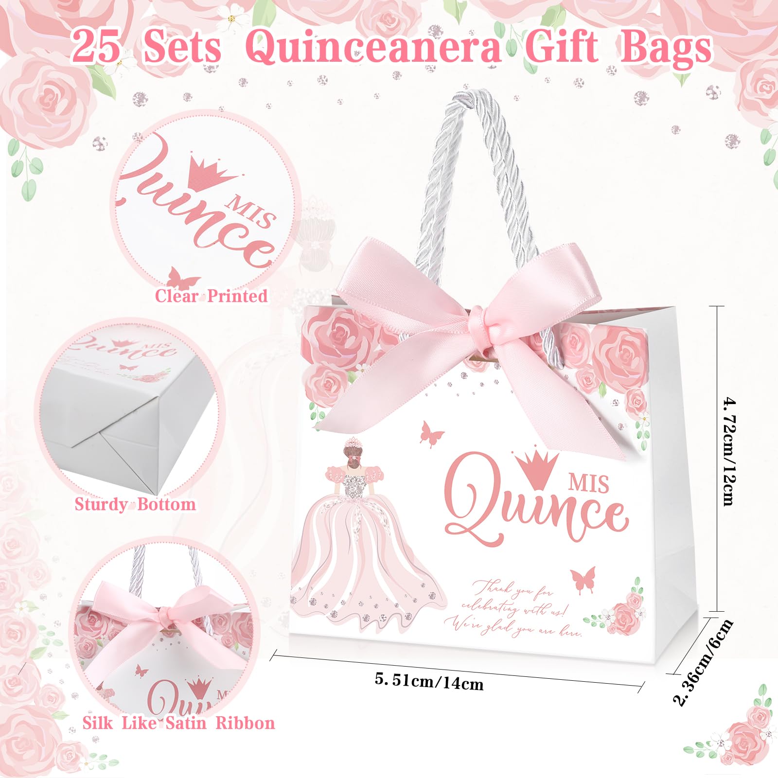 Skyygemm 25 Sets Quinceanera Party Favors for Guests Quinceanera Gift Bag with Handles Small Candy Bag with Bow Ribbon Mis Quince Decoration Quinceanera Sweet 15 Birthday Party Favor (Pink)