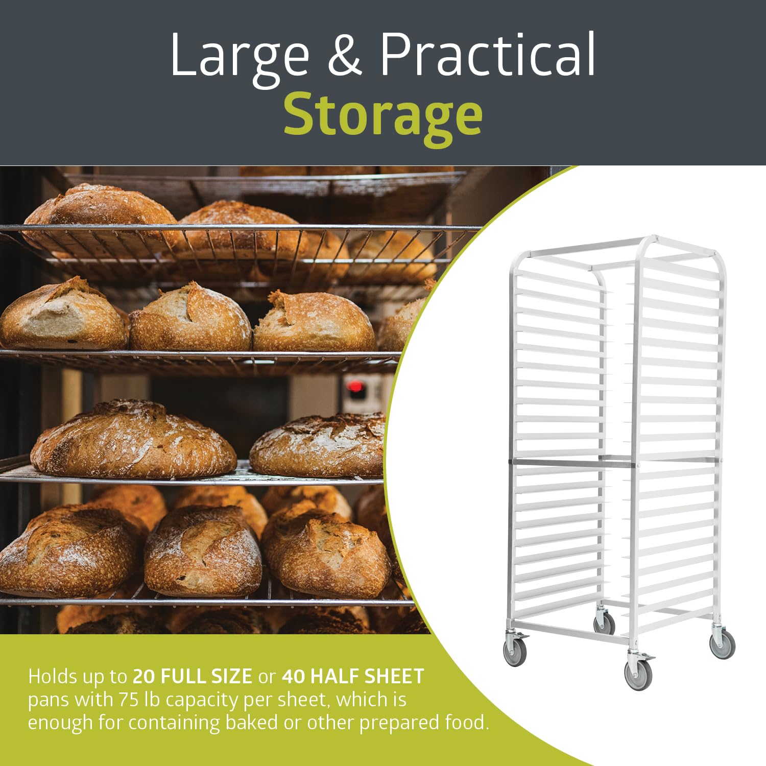 Pearington 20-Tier Bun Pan Rack with Wheels, Commercial Baking Rack for Full or Half Industrial Pan Storage, Bakery Accessory for Kitchen, Restaurant, & More, 25.94" L x 19.96" W