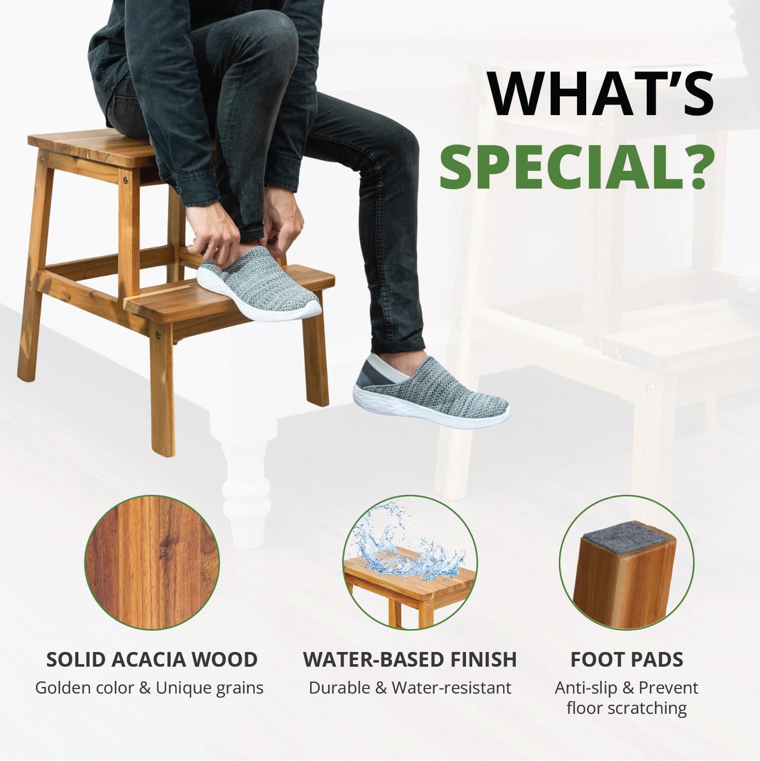 BEEFURNI 2 Step Wood Stool, Wooden Step Stools for Adults & Kids 350 lbs, Kids Step Stool, Bathroom,Bedroom Stool, Closet Step Stool, Easy to Assemble, 1 Year Manufacturer Warranty