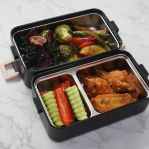 gimmiebox premium stainless steel bento box lunch box with compartments for adults, spoon and fork, leak-proof, easy side locks (White)