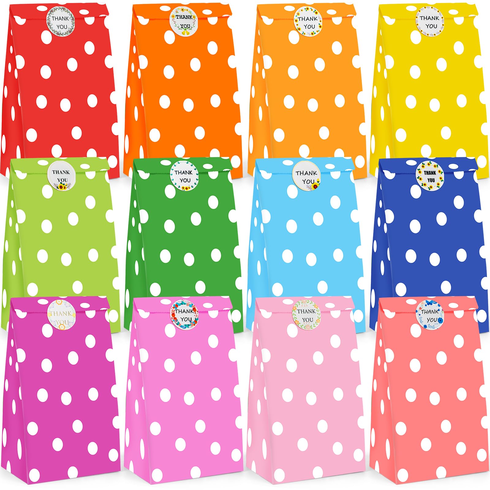 LovesTown 45PCS Paper Treat Bags with Stickers, Colorful Party Favor Bags Goody Bags Polka Dot Paper Bags for Birthday Baby Shower Wedding