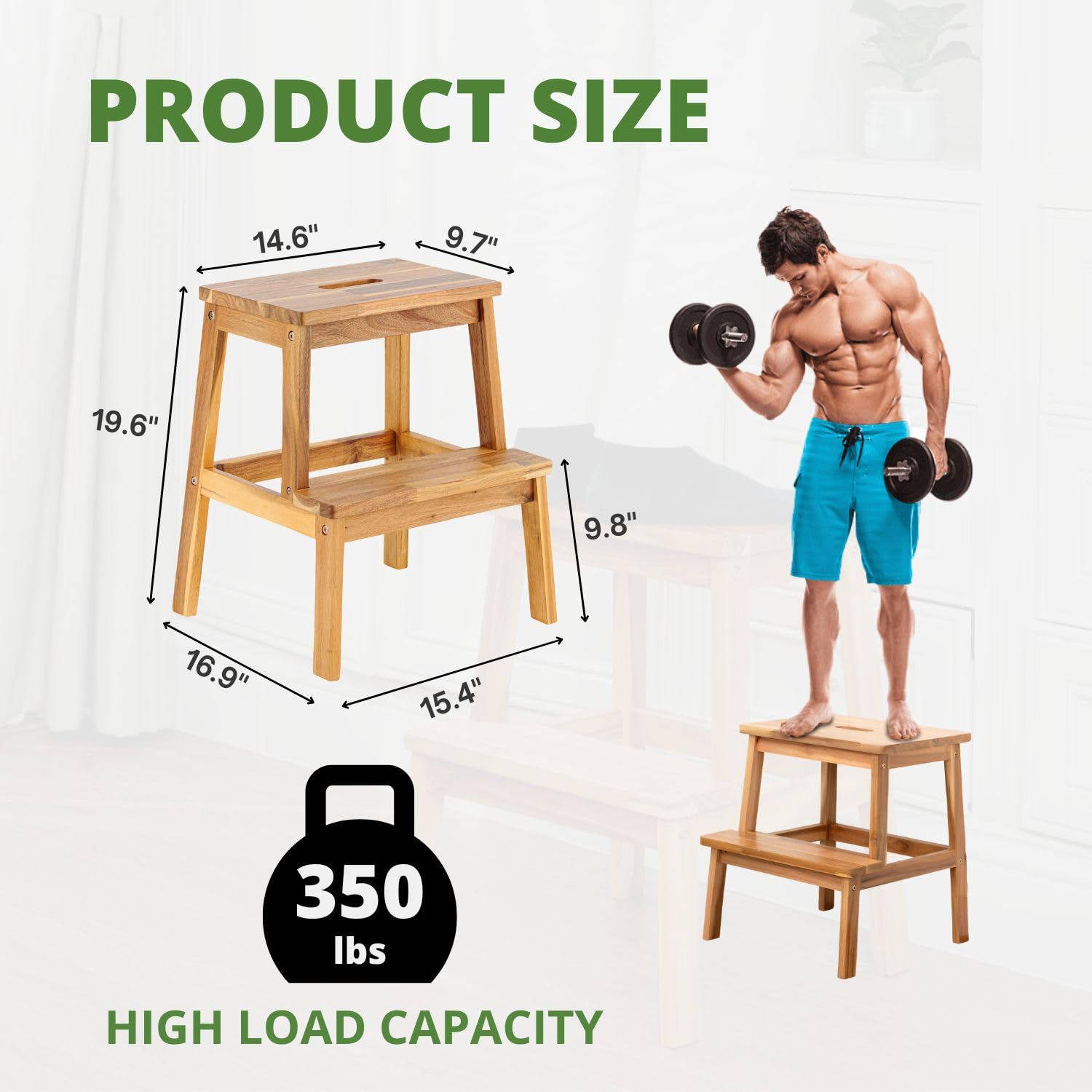 BEEFURNI 2 Step Wood Stool, Wooden Step Stools for Adults & Kids 350 lbs, Kids Step Stool, Bathroom,Bedroom Stool, Closet Step Stool, Easy to Assemble, 1 Year Manufacturer Warranty