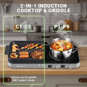 AMZCHEF Double Induction Cooktop with Removable Iron Cast Griddle Pan Non-stick, 1800W 2 burner Portable Induction Stove With Sensor Touch 9 Power Levels, 99 Min Timer, Iron Grey