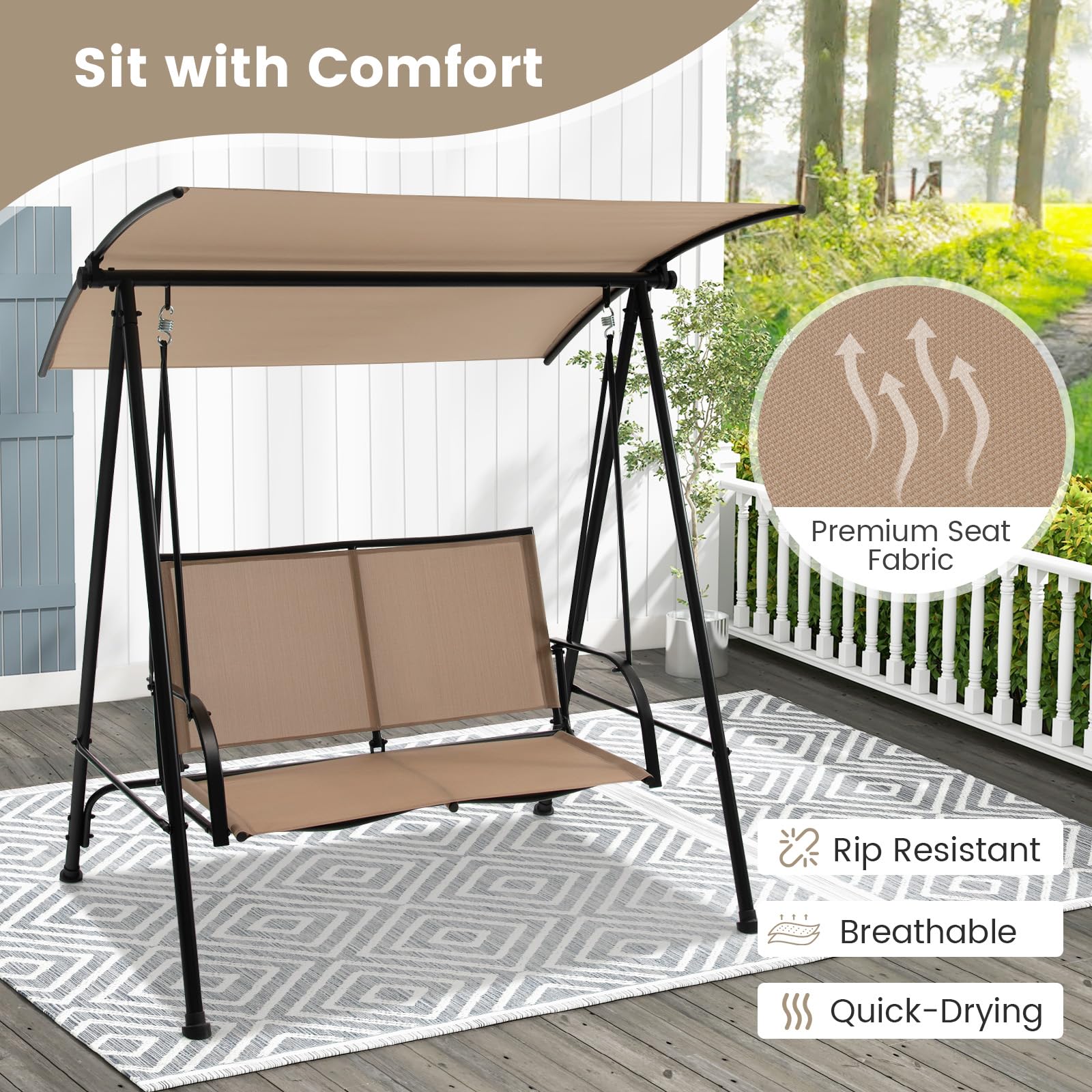 HAPPYGRILL 2-Person Porch Swing with Canopy, Outdoor Patio Swing Chair with Heavy-Duty Metal Frame, Breathable & Durable Seat Fabric, Patio Loveseat Swing for Backyard, Balcony, Poolside