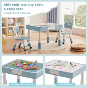 DOREROOM 4 in 1 Kids Table and 2 Chairs Set with Storage, Toddler Table and Chair Set for Kids Ages 3-10, Graffiti & Building Blocks Double-Sided Tabletop (Grayish Blue, 2 Chairs)