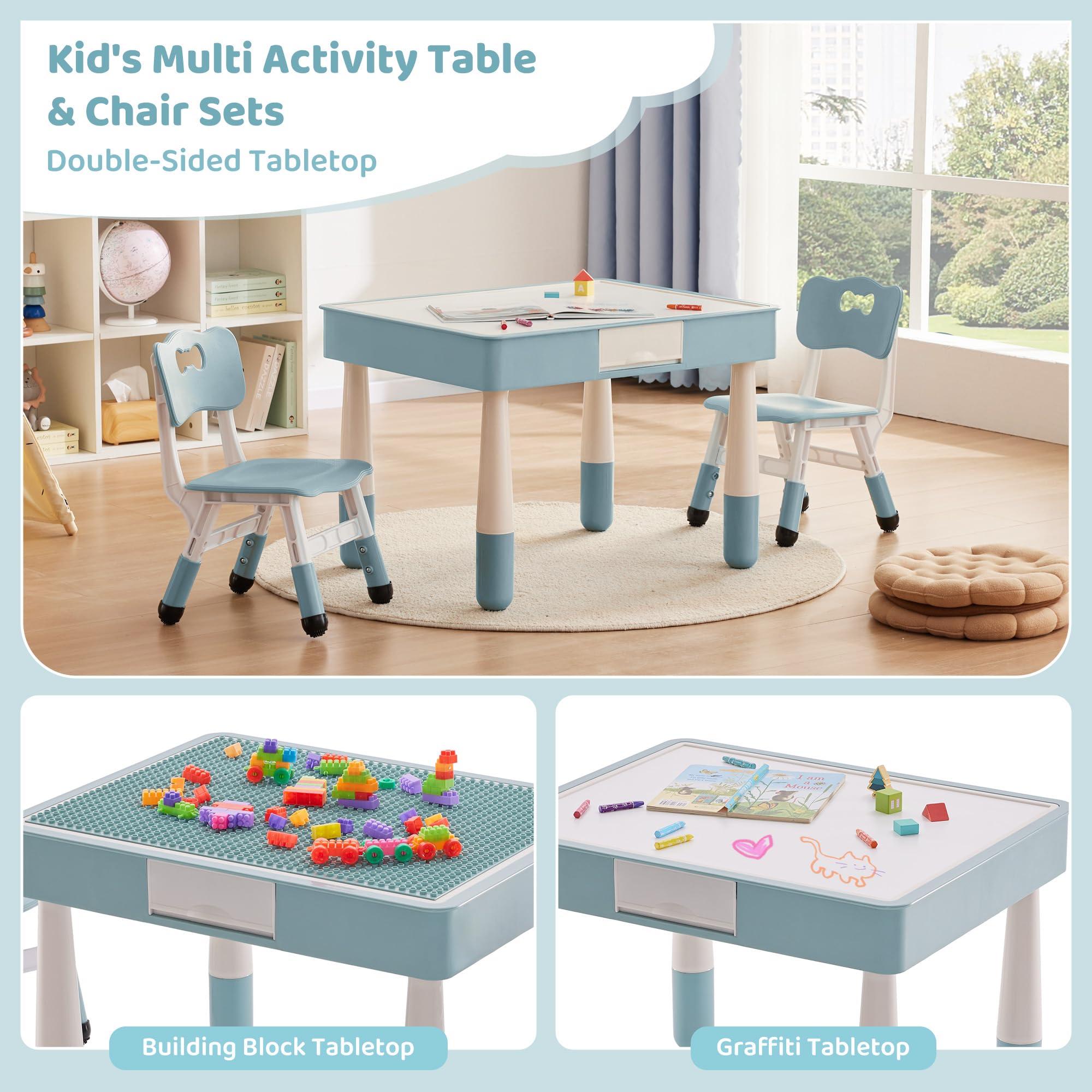 DOREROOM 4 in 1 Kids Table and 2 Chairs Set with Storage, Toddler Table and Chair Set for Kids Ages 3-10, Graffiti & Building Blocks Double-Sided Tabletop (Grayish Blue, 2 Chairs)