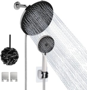 rain shower head with handheld spray, lanhado 8.5'' shower head with hose, 4 setting high pressure shower heads, anti-leak rainfall shower head with holder, waterfall showerhead, silver