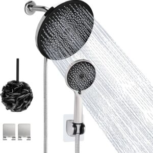 Rain Shower Head with Handheld Spray, Lanhado 8.5'' Shower Head with hose, 4 Setting High Pressure Shower Heads, Anti-leak Rainfall Shower Head with Holder, Waterfall Showerhead, Silver