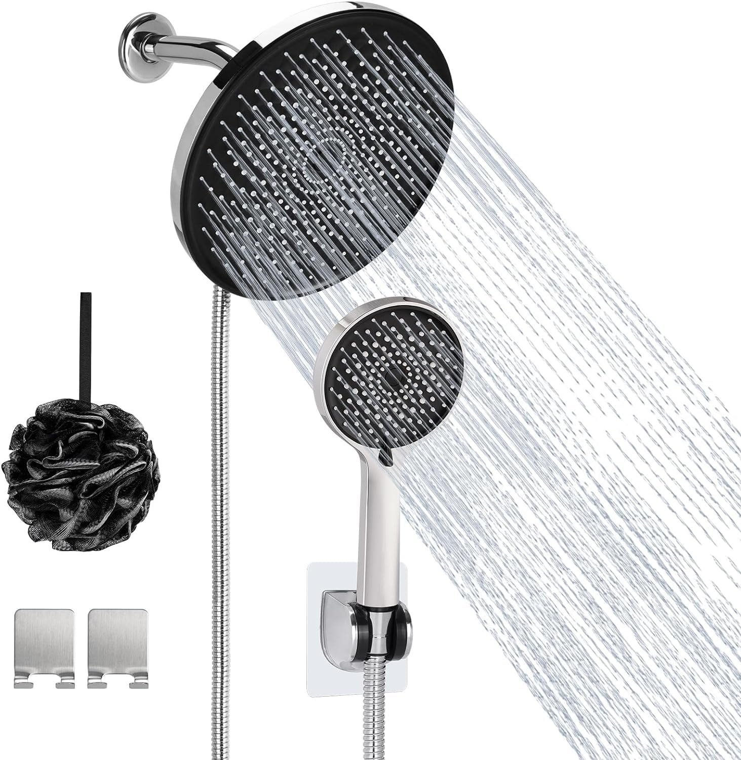 Rain Shower Head with Handheld Spray, Lanhado 8.5'' Shower Head with hose, 4 Setting High Pressure Shower Heads, Anti-leak Rainfall Shower Head with Holder, Waterfall Showerhead, Silver