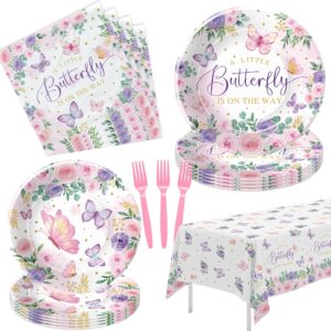 hipvvild butterfly baby shower decorations - a little butterfly is on the way party supplies, plate, napkin, tablecloth, fork, pink floral butterfly baby girl table decorations tableware | serve 24