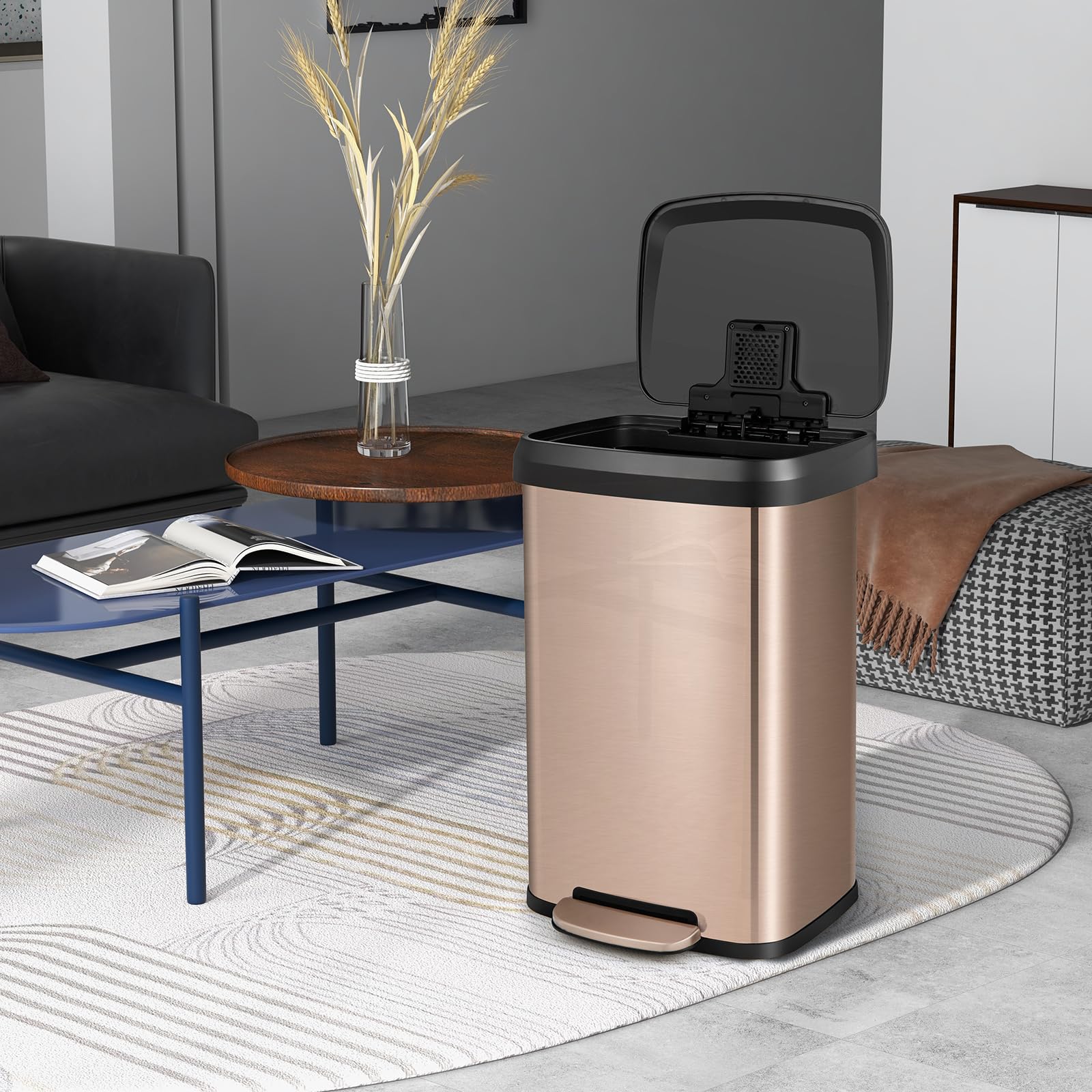 S AFSTAR 13.2 Gallon Step Trash Can, Stainless Steel Garbage Bin with Soft Close Lid & Deodorizer Compartment, Fingerprint-Proof Trash Bin, Step-On Trashcan for Home Office Kitchen, Rose (Golden)