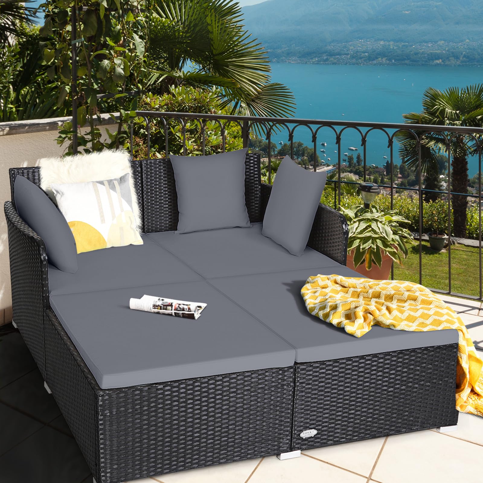 Tangkula Patio Rattan Daybed, Patiojoy Outdoor Sunbed with Spacious Seat, Upholstered Cushion & High-Resilience Sponge, Wicker Patio Sofa Set with Extra Pillows for Poolside, Porch, Backyard (Grey)