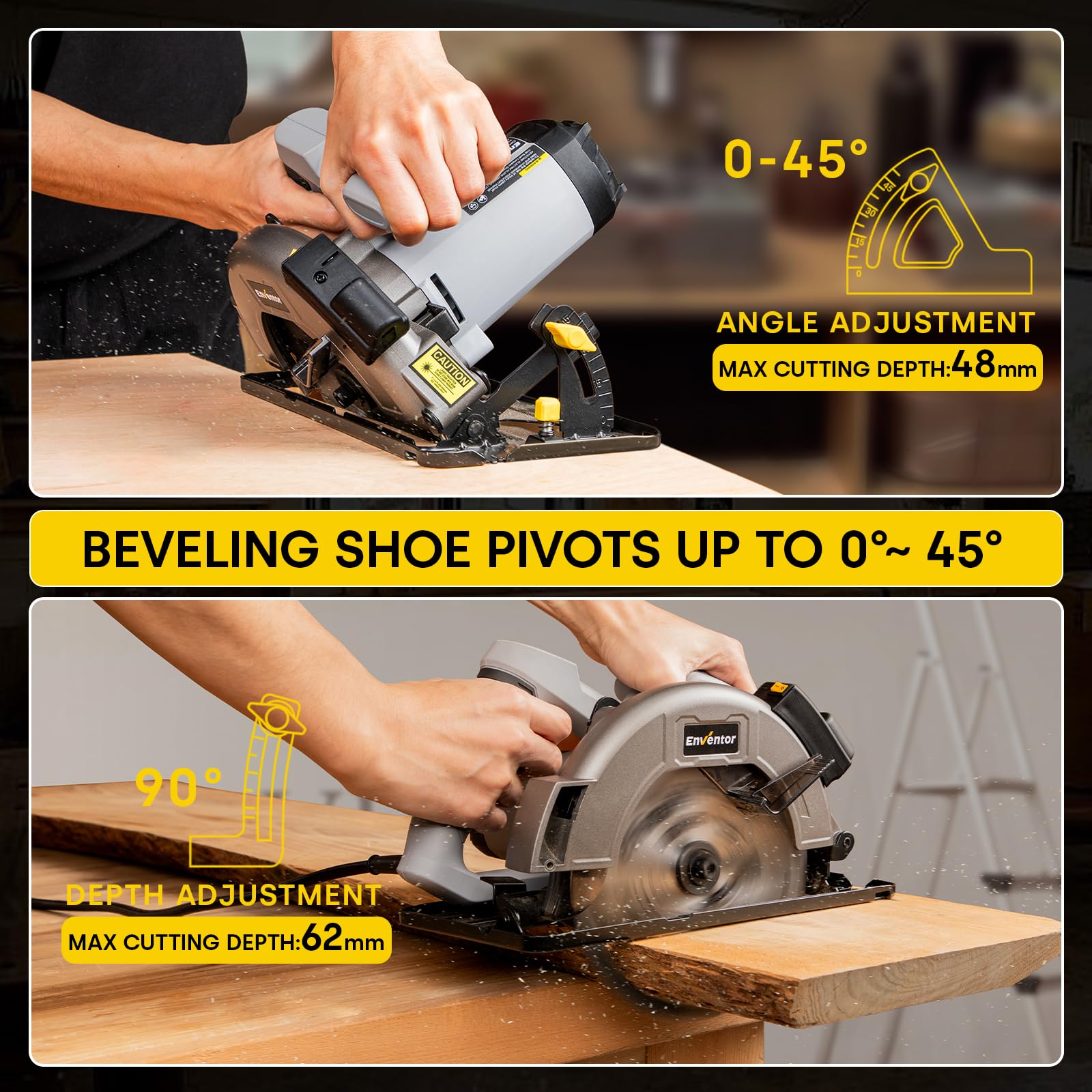 ENVENTOR Circular Saw Corded, 11A Electric Circular Saws 7-1/4-Inch with Laser Guide, 2 Blade Saws (40T/24T), Max Cutting Depth 2-7/16"(90°), 1-13/16"(0°-45°), Single Handed Bevel, 6000RPM