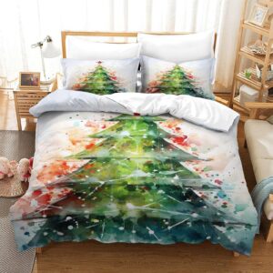 christmas tree duvet cover set 3d watercolor print decorative 3 piece bedding set with 2 pillow shams with zipper closure all season microfiber twin（173x218cm）