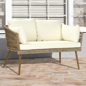 yitahome patio loveseat, all-weather rattan 2 seater sofa with cushions & lumbar pillows, outdoor patio furniture set for patio, balcony, backyard, deck, poolside - beige