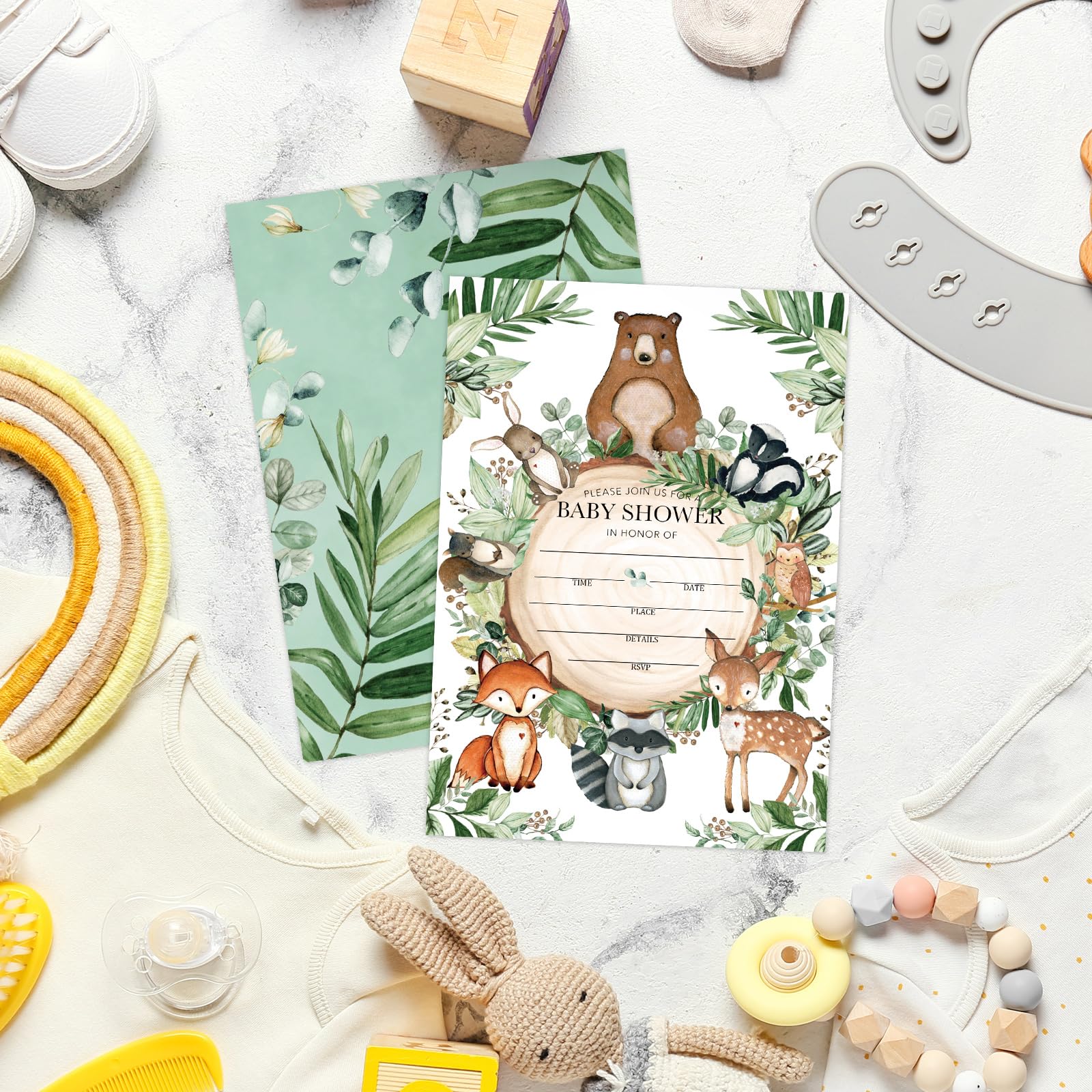 Whaline 25 Sets Woodland Baby Shower Party Invitations with Envelope Stickers Watercolor Forest Animal Greenery Invitation Cards Blank Invites for Baby Shower Birthday Party Supplies, 5 x 7 Inch