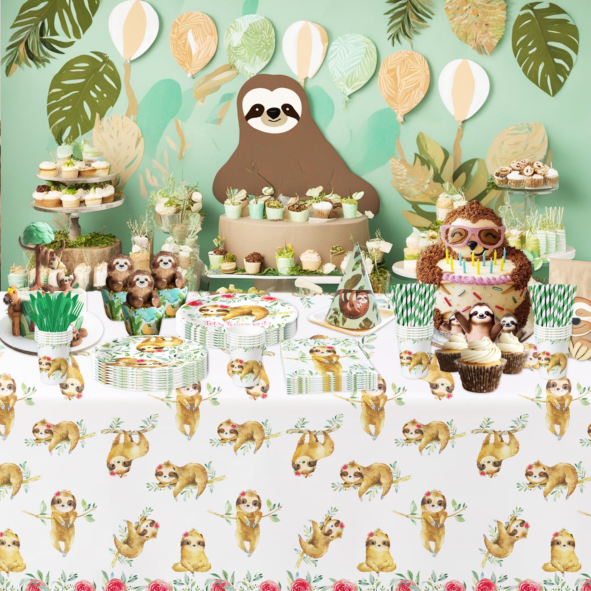 APOWBLS Sloth Birthday Party Supplies Girl, Sloth Party Decorations Tableware For Baby Shower Birthday, Paper Plate, Napkin, Fork, Tablecloth, Jungle Animal Sloth Party Supplies Dinnerware | Serve 24