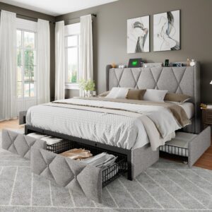 feonase queen bed frame with 4 storage drawers, upholstered button tufted storage headboard with fast charging station, heavy duty slats support, no box spring needed, noise-free, light grey