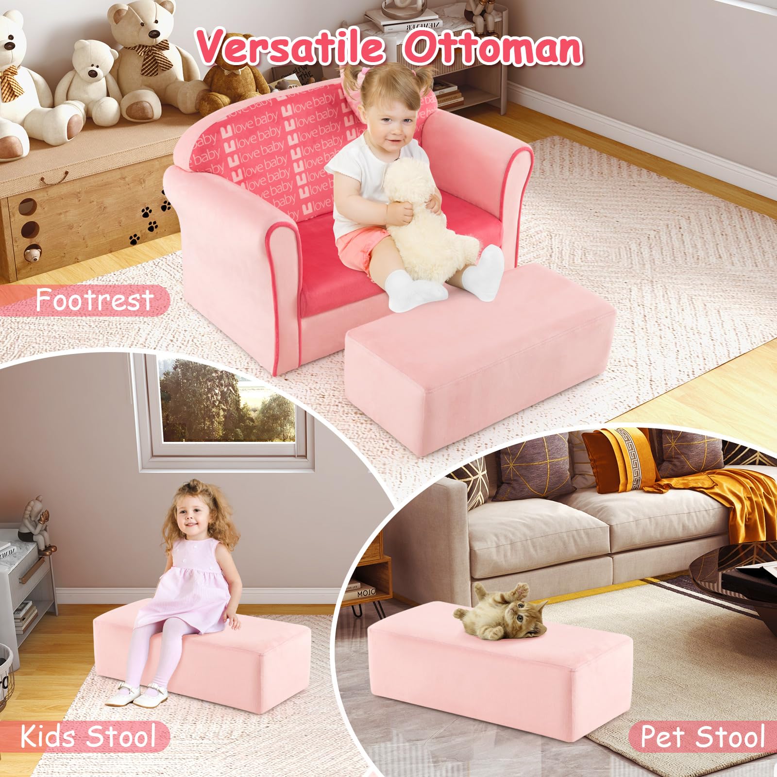 Costzon Kids Pink Couch, Toddler Mini Sofa for Kids Loveseat Aged 1-3, Upholstered Armchair with Velvet Surface & High-Density Sponge, Children's Sofa for Preschool Bedroom Playroom Gift Presents