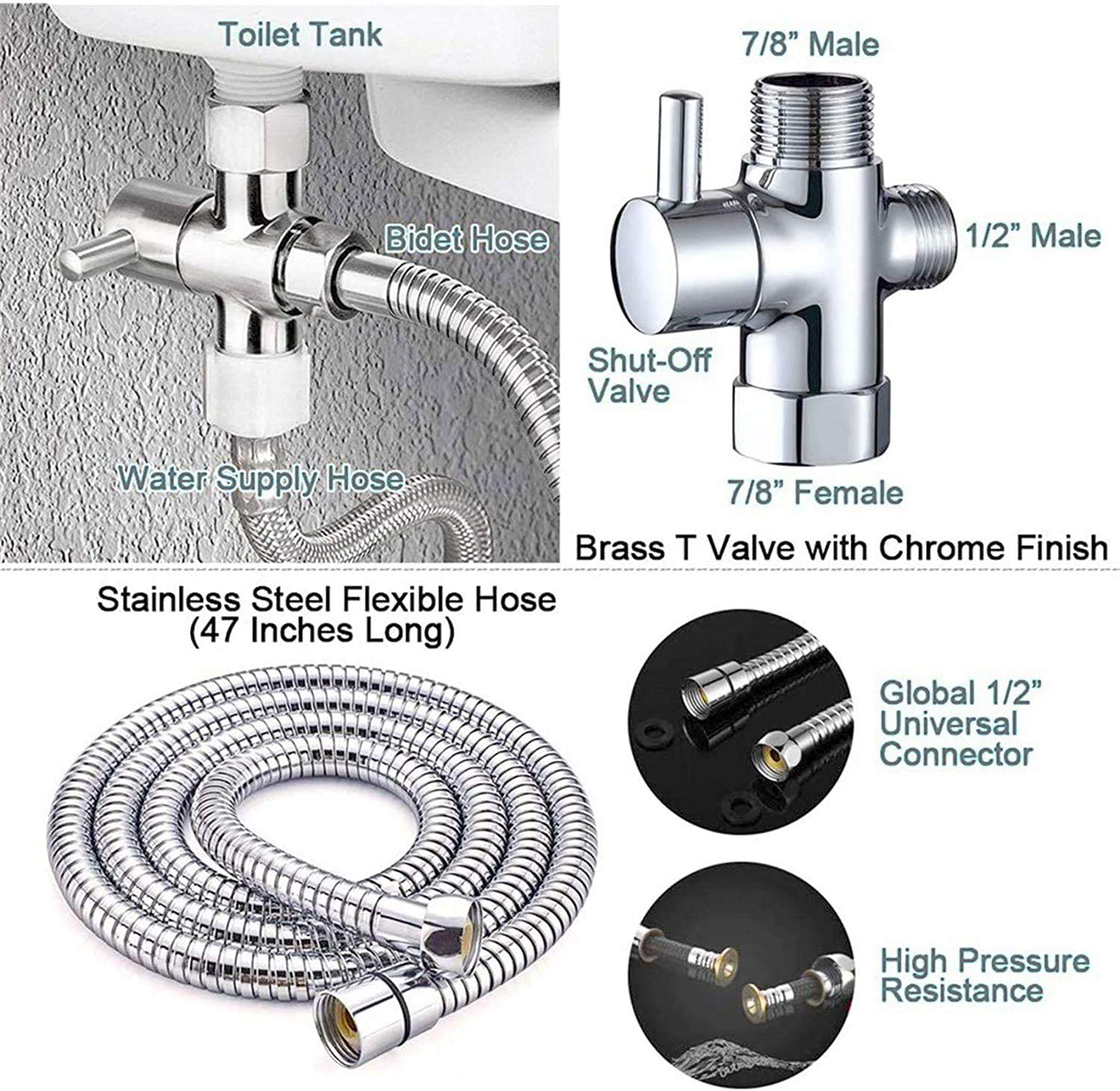 Stainless Steel Bidet Sprayer for Toilet, Handheld Cloth Diaper Sprayer, Bathroom Jet Sprayer Kit Spray Attachment with Explosion-Proof Hose, Great Water Pressure for Bathing Pets, Feminine Hygiene