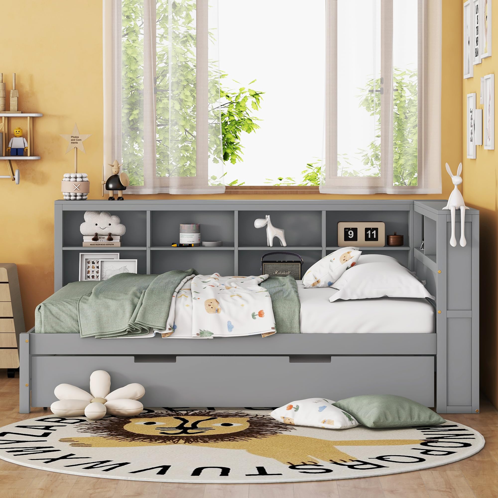 Hlcodca Wooden Full Size Daybed with Twin Size Trundle, Daybed with Storage Shelf and USB Charging Ports, for Kids Teens Adult Bedroom (Gray/Full + Daybed)