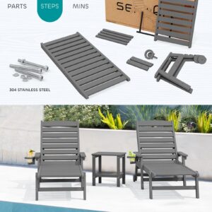 SERWALL Patio Chaise Lounge Chair Set of 2, 5 Positions Adjustable HDPE Outdoor Lounge Chair for Pool, Poly Lounge Chair with Rolling Wheels & Cup Holder for Poolside, Deck, Slate Gray