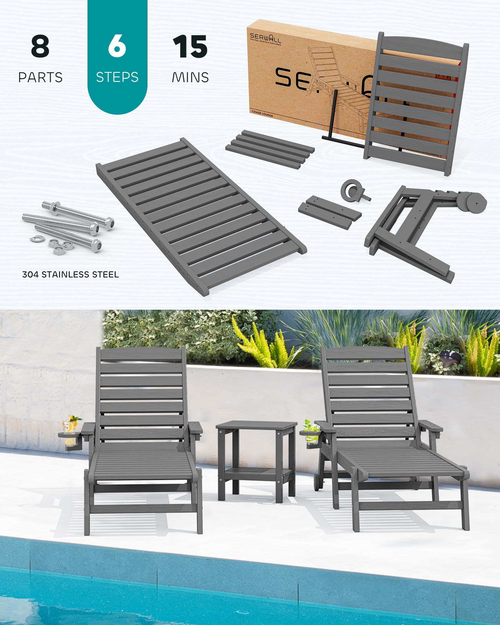 SERWALL Patio Chaise Lounge Chair Set of 2, 5 Positions Adjustable HDPE Outdoor Lounge Chair for Pool, Poly Lounge Chair with Rolling Wheels & Cup Holder for Poolside, Deck, Slate Gray