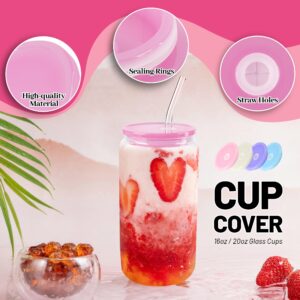 Joyclub 4 Pack Acrylic Lids and Glass Straws with Straw Brush Fit for 16oz Glass Cups with Lids and Straws, Replacement Lids for Can Shaped Glass Iced Coffee Cups Cute Tumbler Cup Drinking Glasses