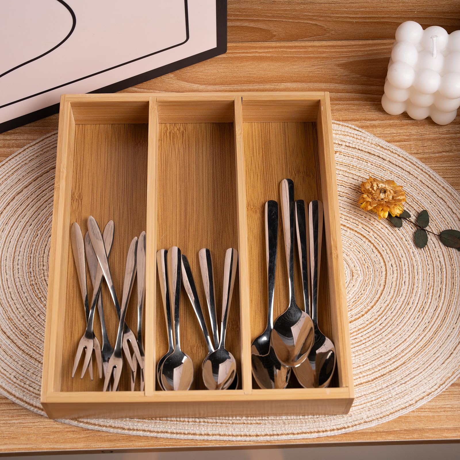 Fibogollo Silverware Organizer Bamboo Kitchen Drawer Organizer Kitchen Utensil Organizer, Flatware Organizer Tray for Kitchen, Flatware, Utensils