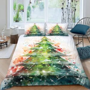 Christmas Tree Duvet Cover Set 3D Watercolor Print Decorative 3 Piece Bedding Set with 2 Pillow Shams with Zipper Closure All Season Microfiber Twin（173x218cm）