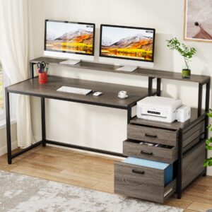 tribesigns 63 inch computer desk with file drawer cabinet, ergonomic office desk with monitor stand, industrial computer table with printer space, wood pc table workstation desk for home office