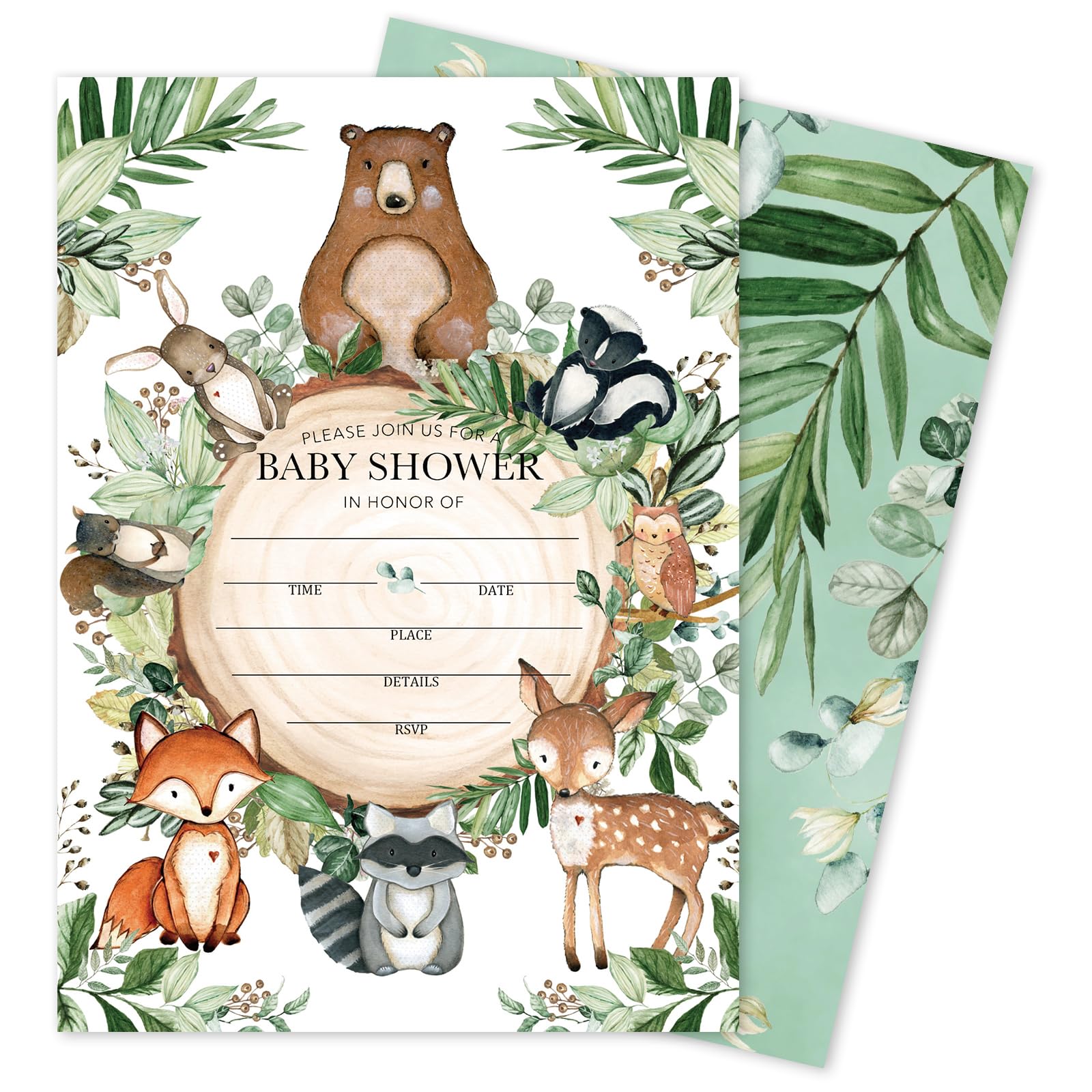 Whaline 25 Sets Woodland Baby Shower Party Invitations with Envelope Stickers Watercolor Forest Animal Greenery Invitation Cards Blank Invites for Baby Shower Birthday Party Supplies, 5 x 7 Inch