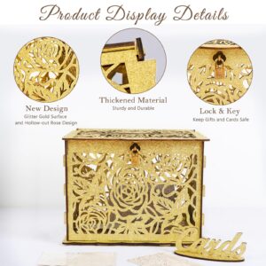 CYAOOI Glittery Gold Wedding Card Box with Lock, Wooden Gift Card Box for Wedding Reception, Elegant Wedding Money Envelope Card Box Holder for Party Graduation Birthday Baby Shower Decorations