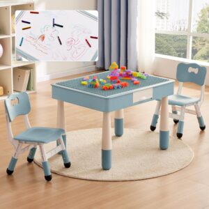 DOREROOM 4 in 1 Kids Table and 2 Chairs Set with Storage, Toddler Table and Chair Set for Kids Ages 3-10, Graffiti & Building Blocks Double-Sided Tabletop (Grayish Blue, 2 Chairs)