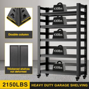 Garage Storage Shelves with Wheels 72" H Metal Garage Shelving Unit 2150lbs Heavy Duty Adjustable Utility Rack Industrial Shelving Organizer for Warehouse Basement, 15.8" D x 35.5" W x 72" H, Black…