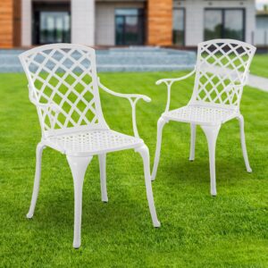 Withniture Outdoor White Cast Aluminum Arm Chair, Set of 2 Patio Dining Chairs, All-Weather Metal Outdoor Chairs w/Armrests, Bistro Chairs Set of 2 for Patio, Deck, Garden, Yard (White B, Set of 2)