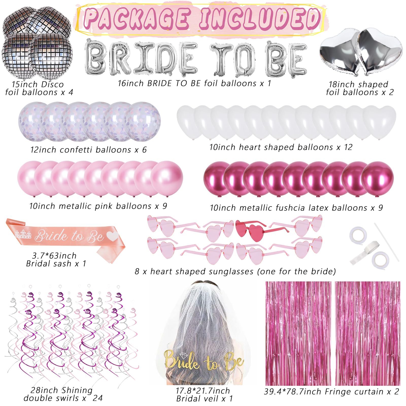 jollylife Bachelorette Party Decorations - Bridal Shower Decor Include Sash Veil Foil Curtains Balloons Hanging Swirls Sunglasses for Bride To Be Party Supplies