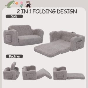 VINYUSE Children Perfect Extra Wide Convertible Sofa to Lounger, Comfy 2-in-1 Flip Open Couch/Sleeper for Kids, Grey,M